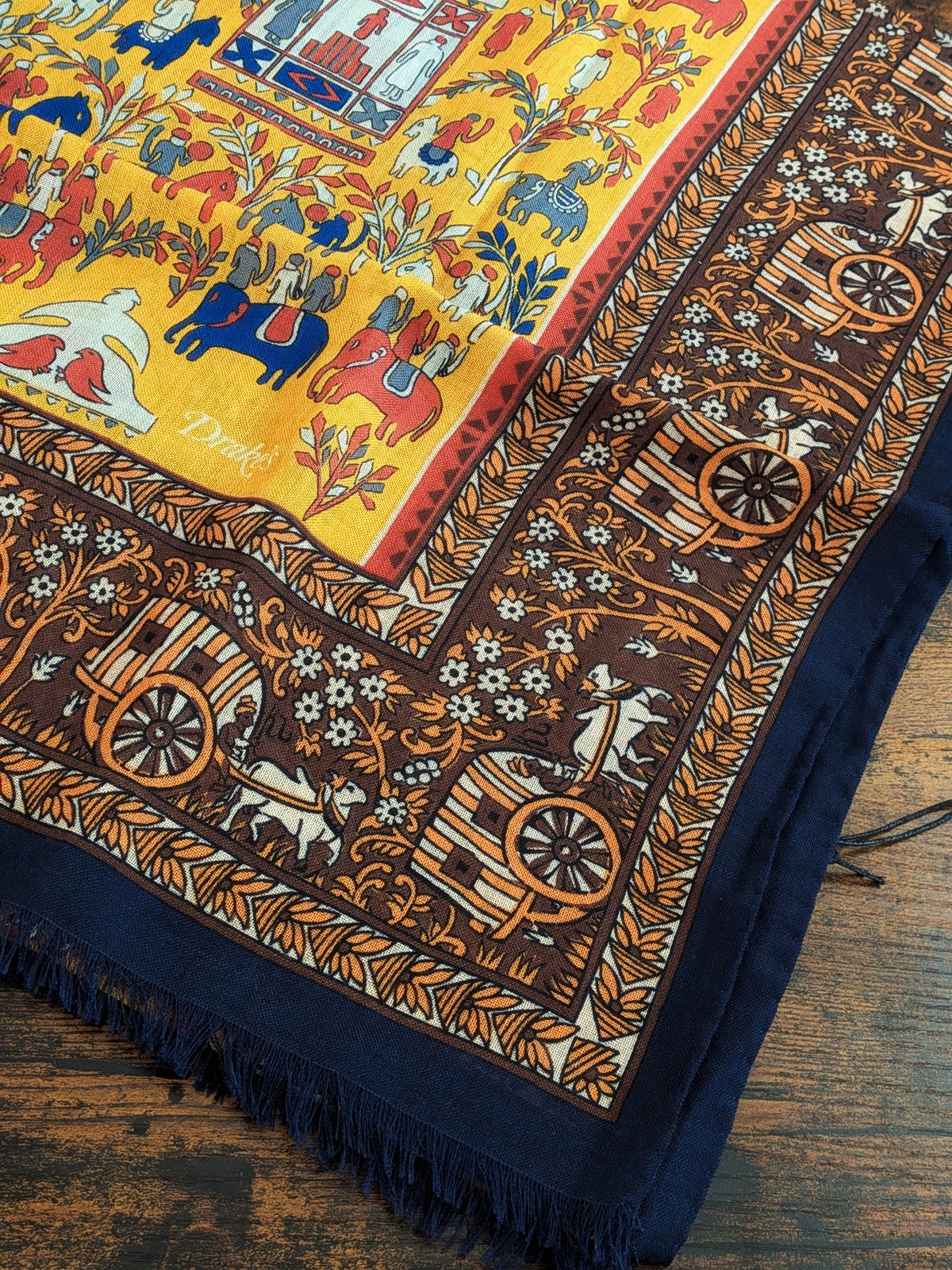 Gold Elephant Village Print Wool-Silk Scarf
