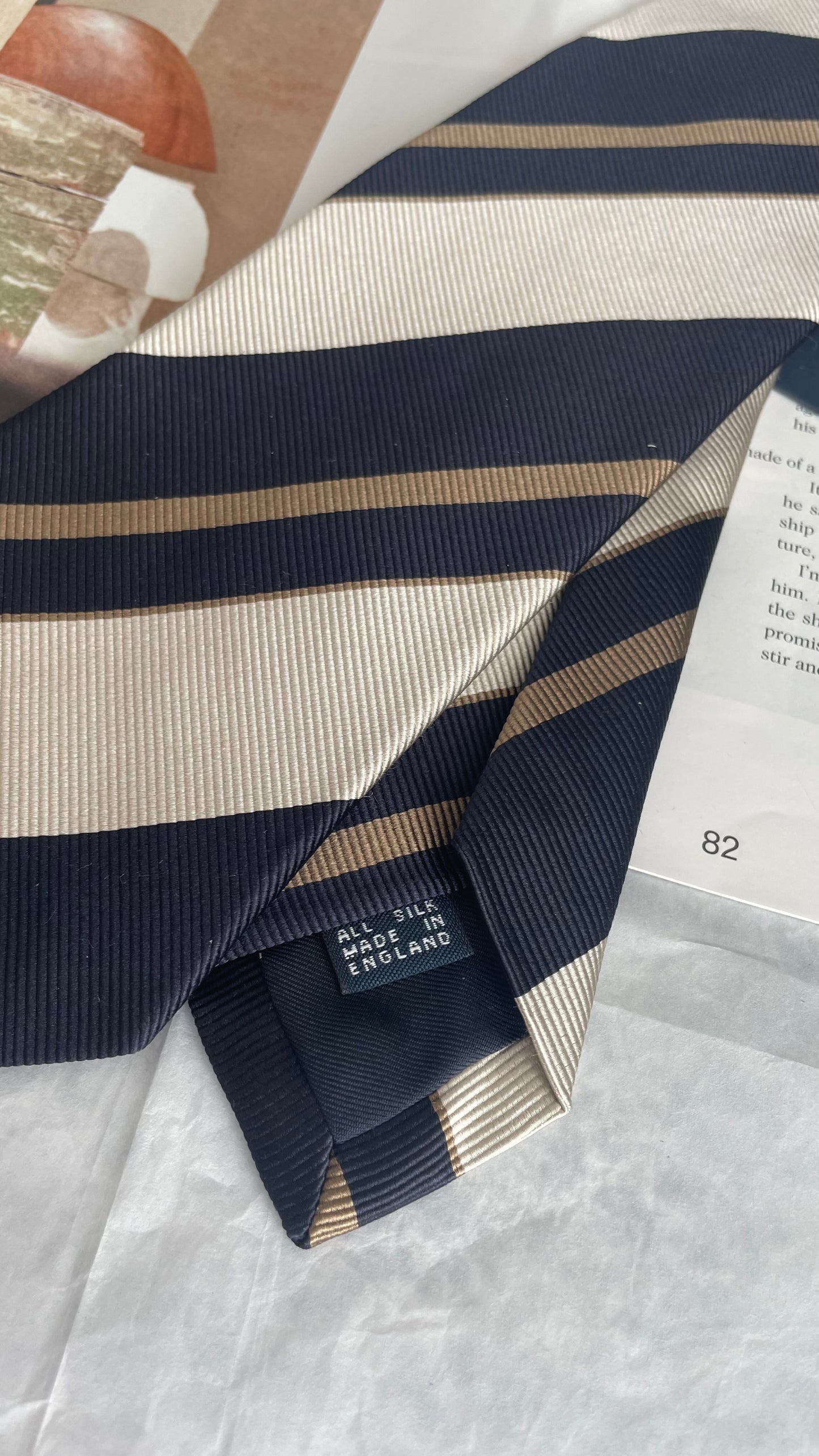 Drake's Navy, White and Fawn Stripe Repp Silk Tipped Tie