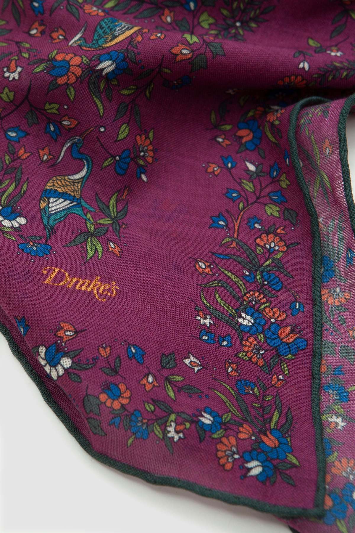 Drake‘s Magenta Birds of Paradise Print Wool-Silk Square Scarf Limited Edition
