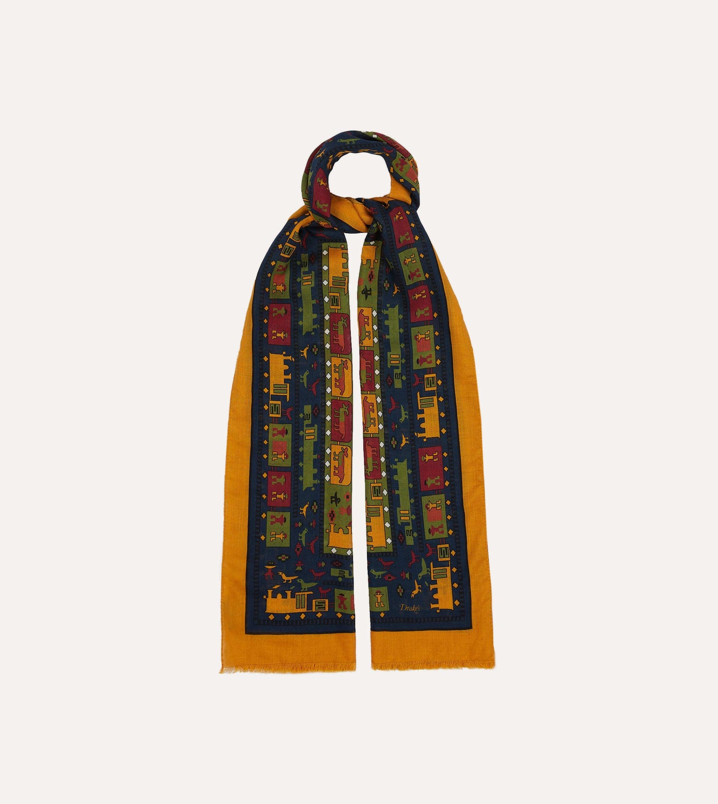 Drake's Navy and Yellow Navajo Print Wool-Silk Scarf