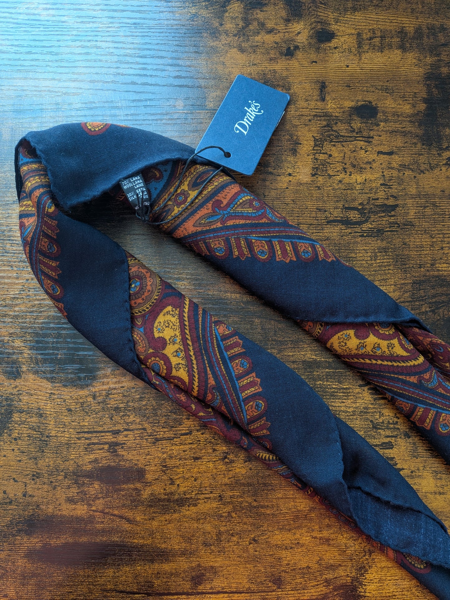 Drake's Navy Large Paisley Floral Print Wool-Silk Bandana