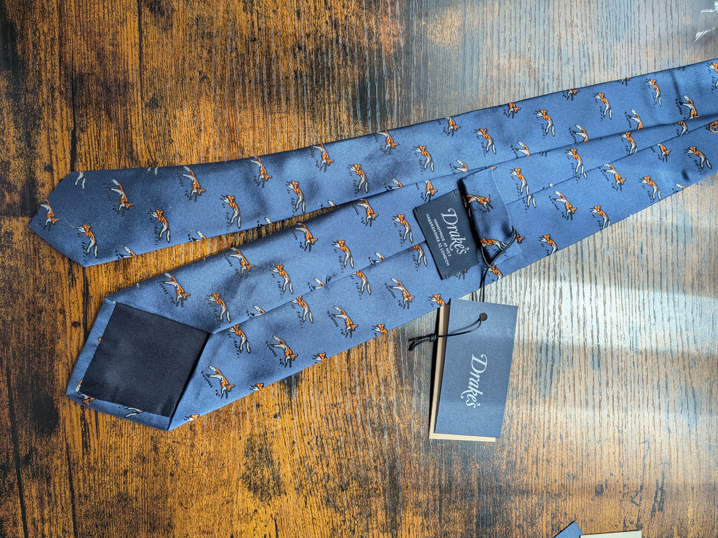 Drake's Blue Fox Motif Handmade Silk Ties