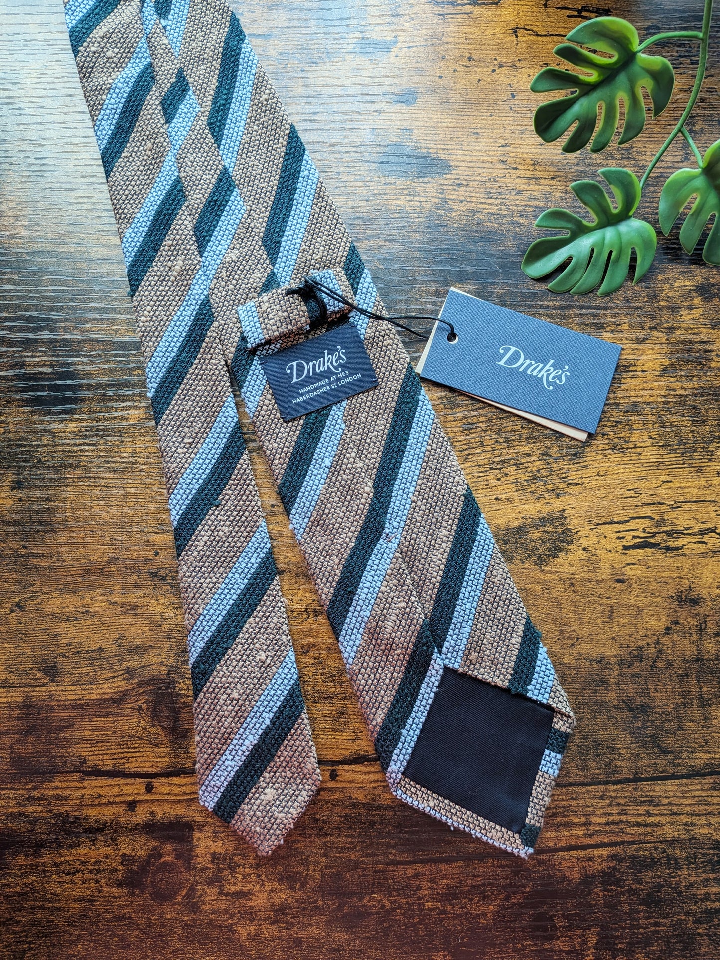 Drake's Blue, Green and Light Brown Striped Handmade Silk Tie With Tag