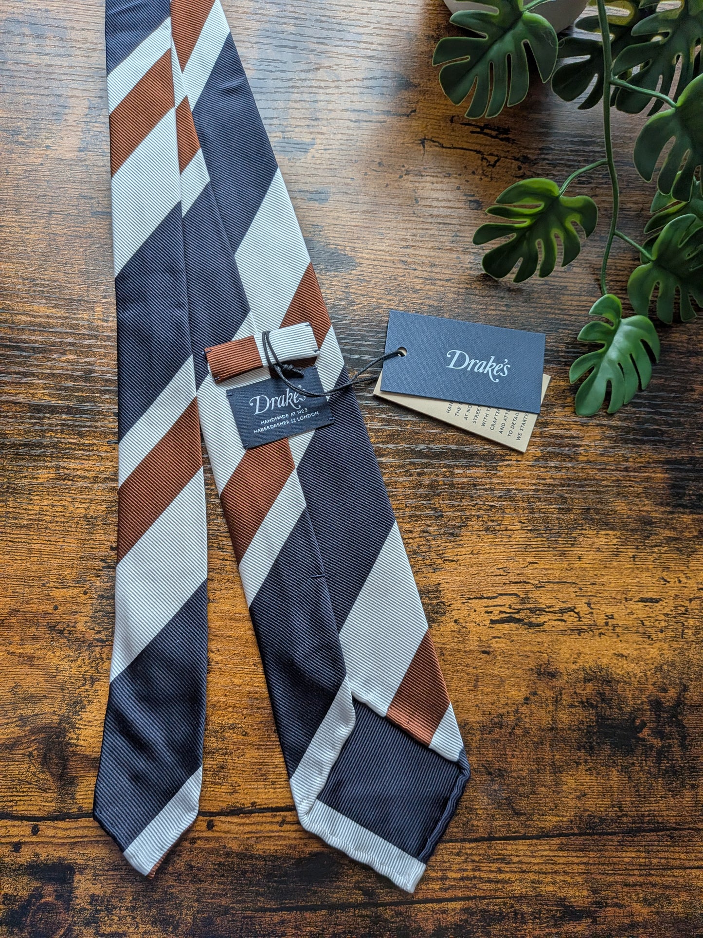 Drake's Navy, Brown and White Striped Handmade Silk Tie With Tag