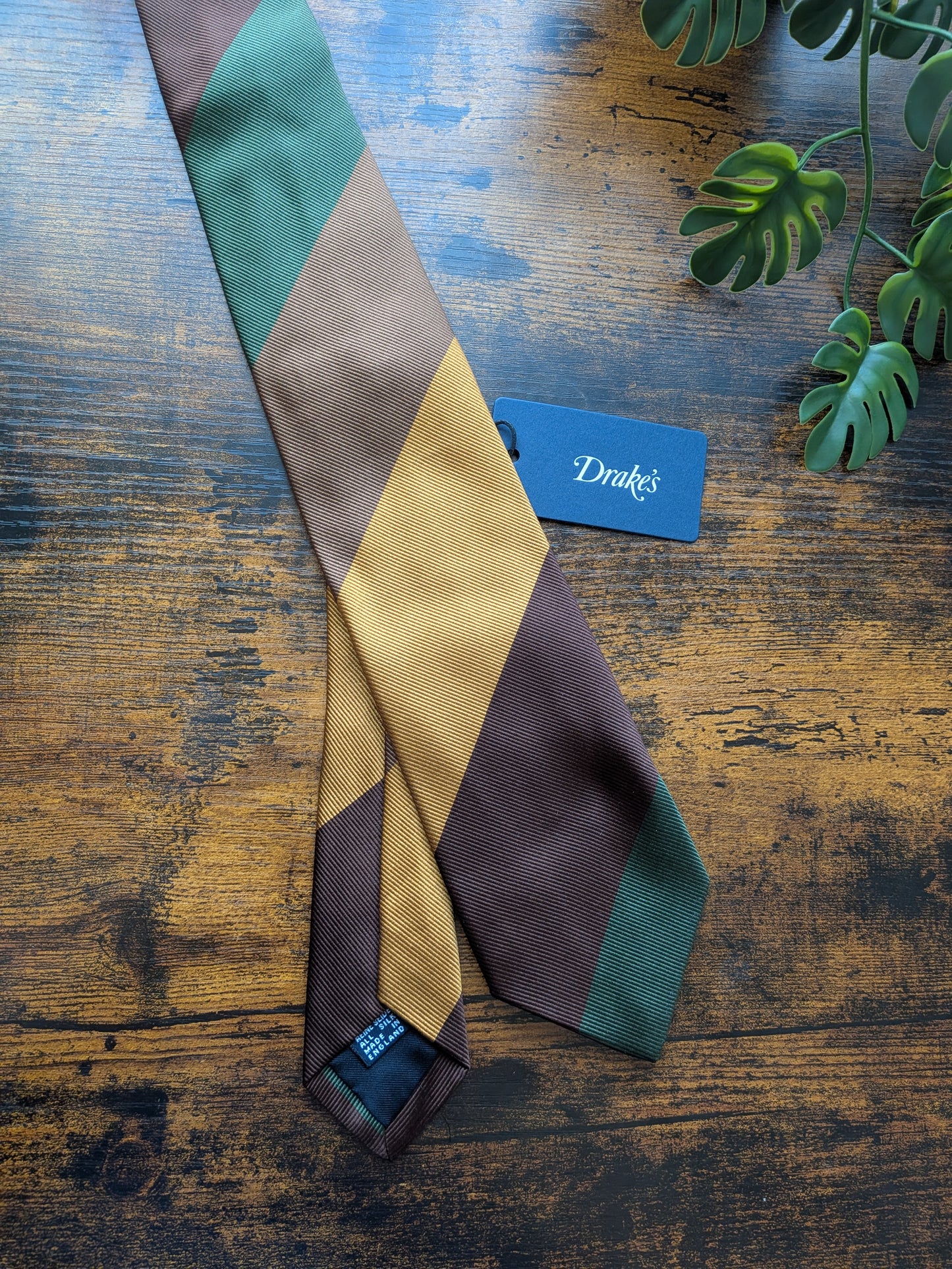 Drake's Green, Brown and Yellow Striped Handmade Silk Tie With Tag