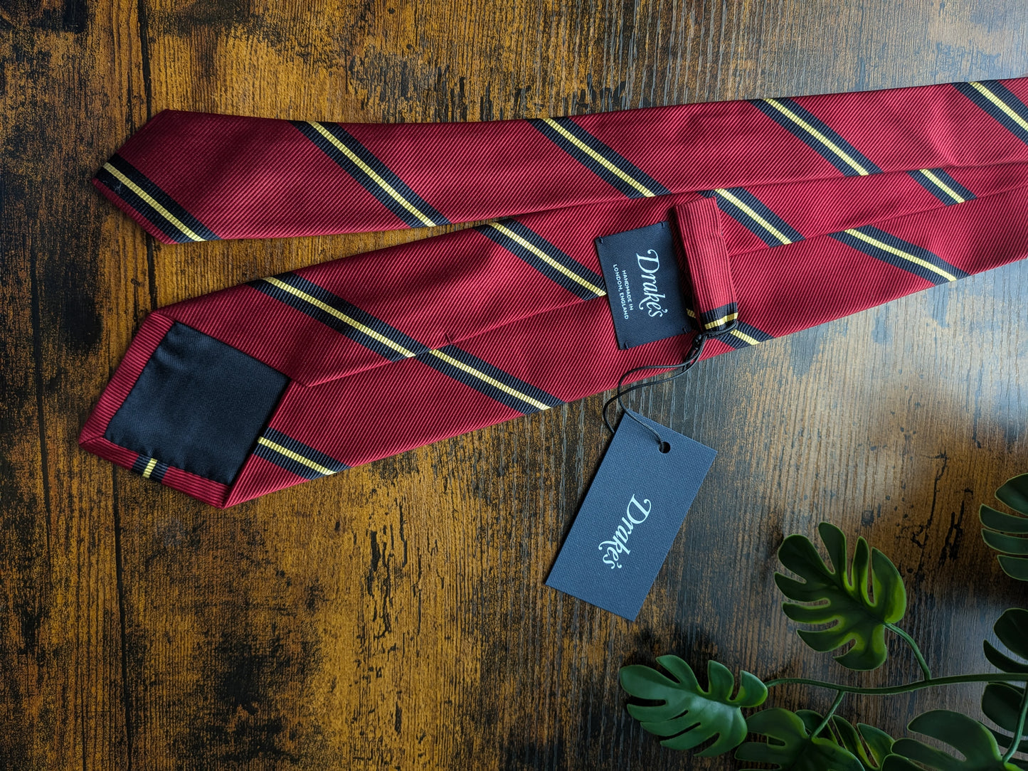 Drake's Red, Navy and Yellow Striped Handmade Silk Tie With Tag