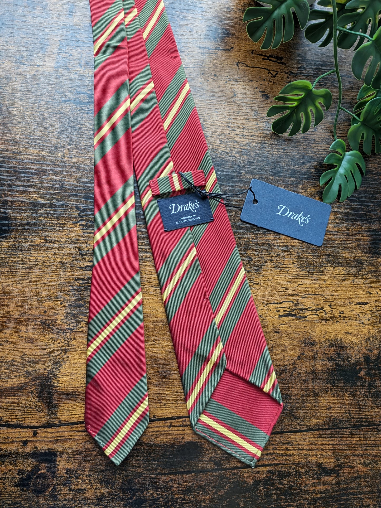 Drake's Red, Khari and Yellow Striped Handmade Silk Tie With Tag