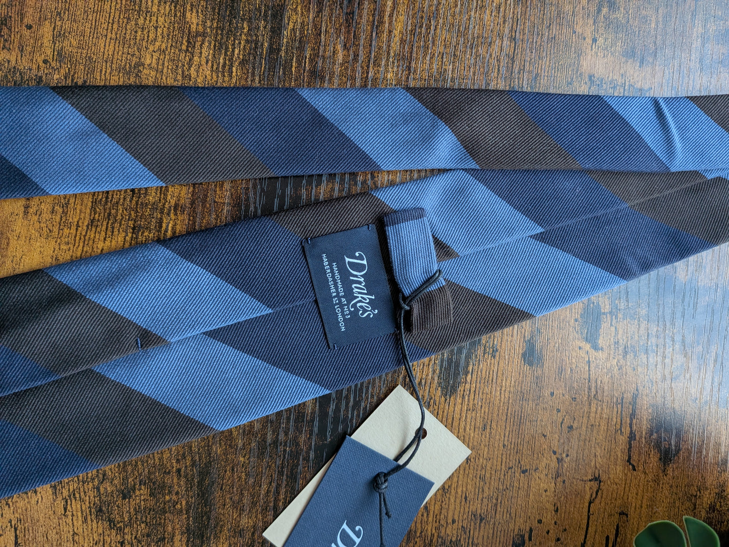 Drake's Navy, Blue and Brown Striped Handmade Silk Tie With Tag