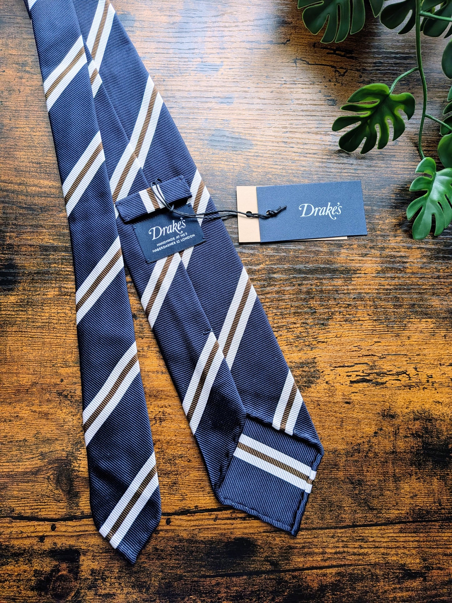 Drake's Navy, Brown and White Striped Handmade Silk Tie With Tag
