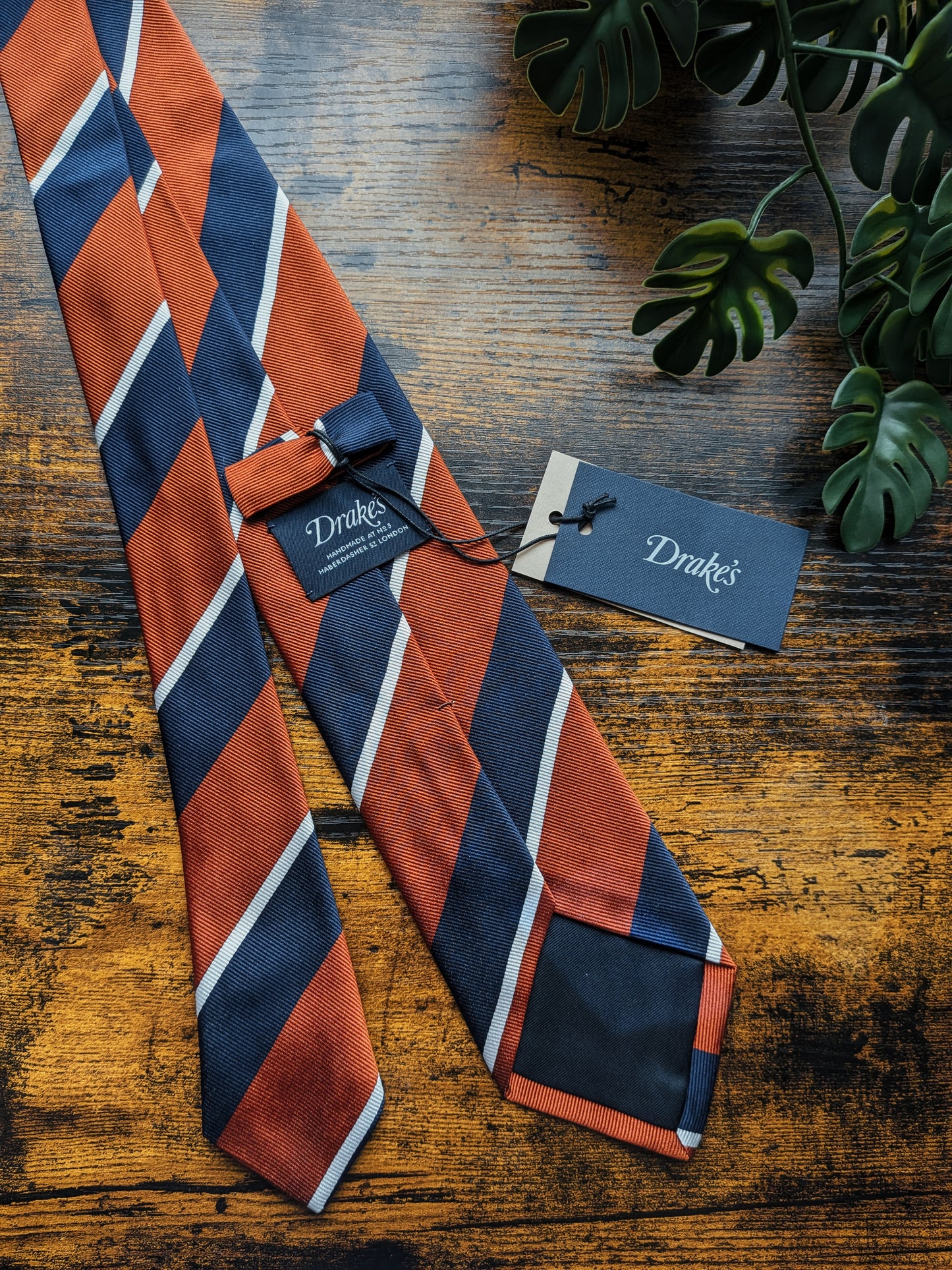 Drake's Orange, Navy and White Striped Handmade Silk Tie With Tag