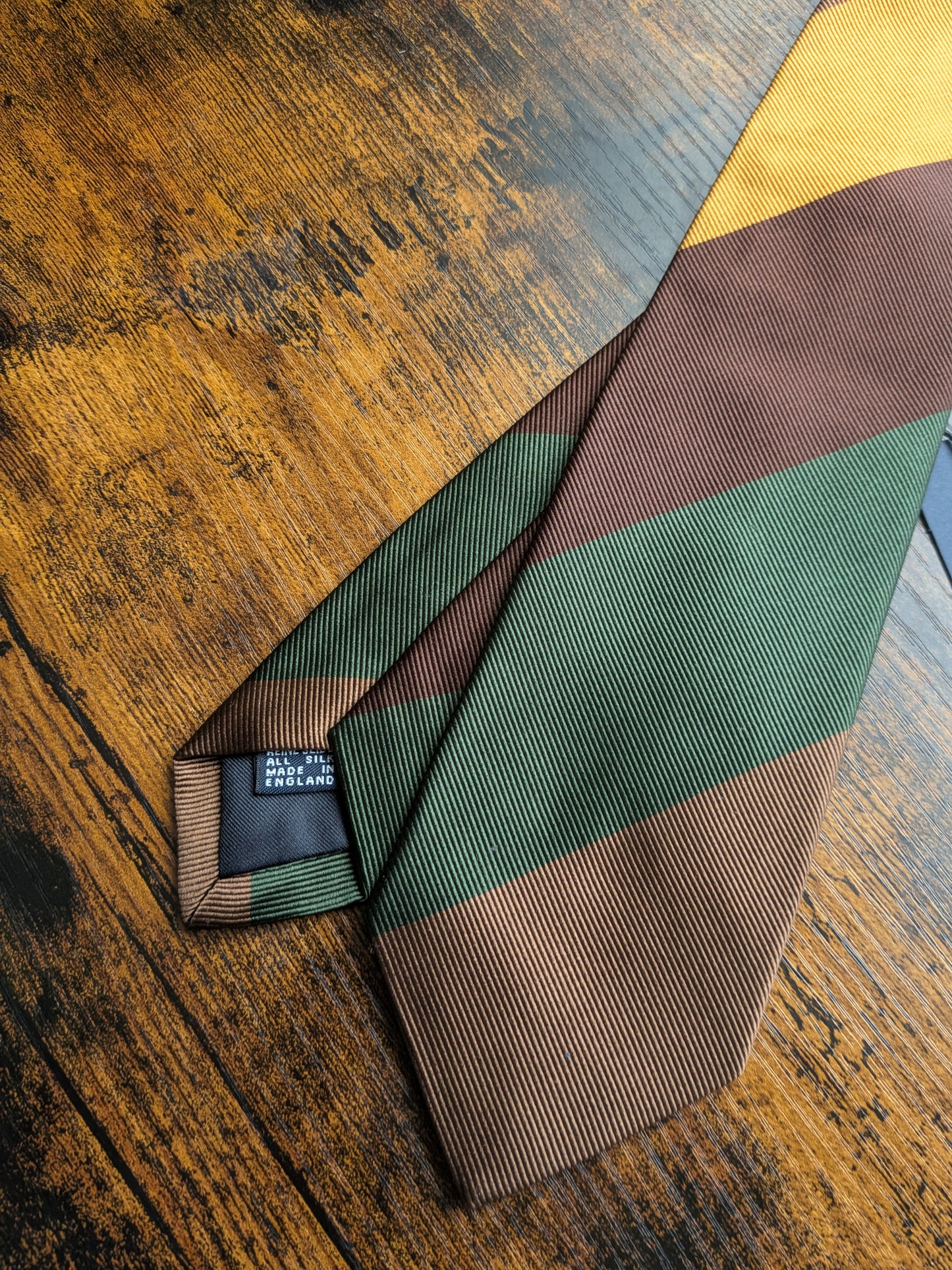 Drake's Brown, Green and Yellow Striped Handmade Silk Tie With Tag