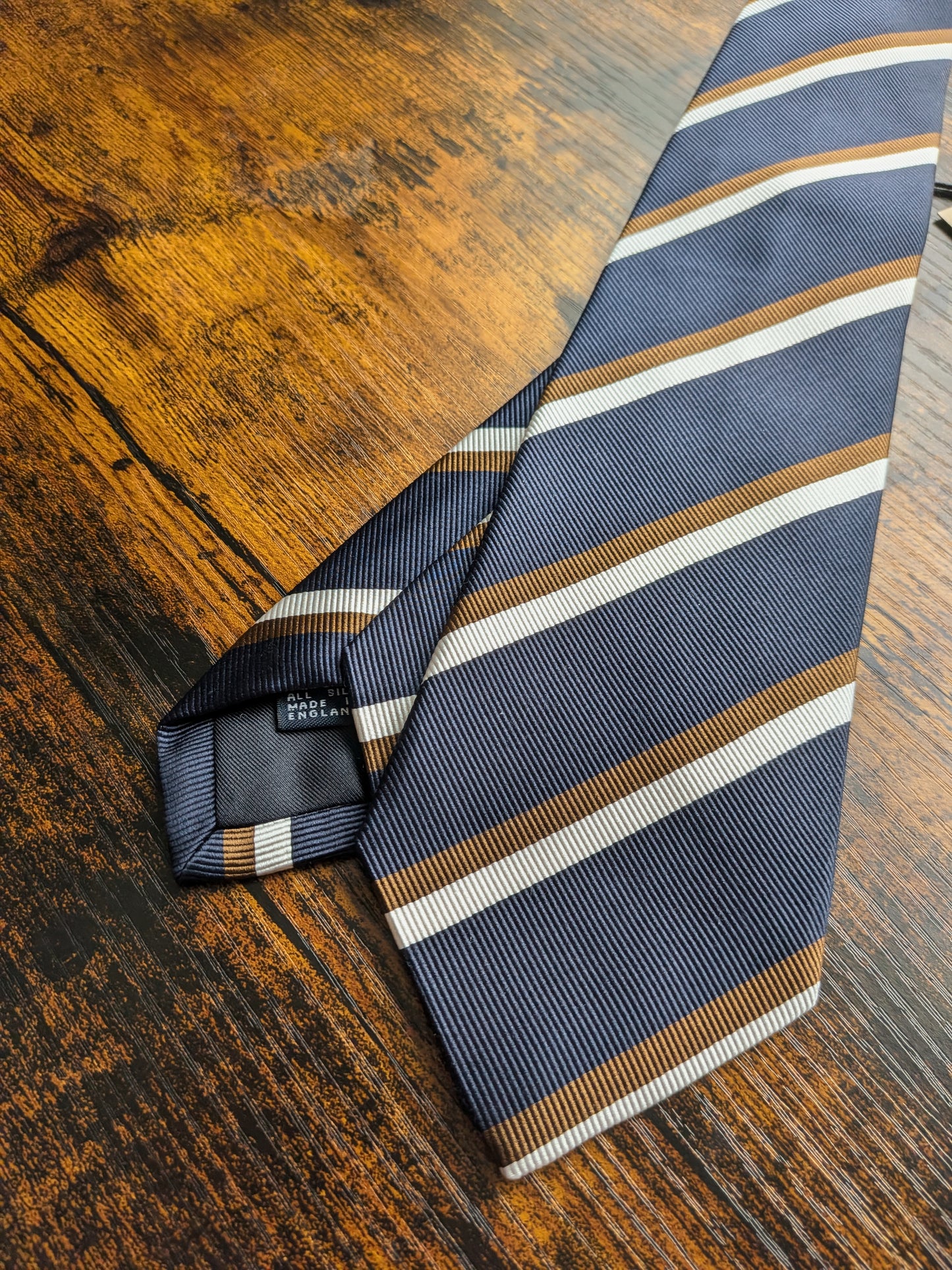 Drake's Navy, Brown and White Striped Handmade Silk Tie With Tag