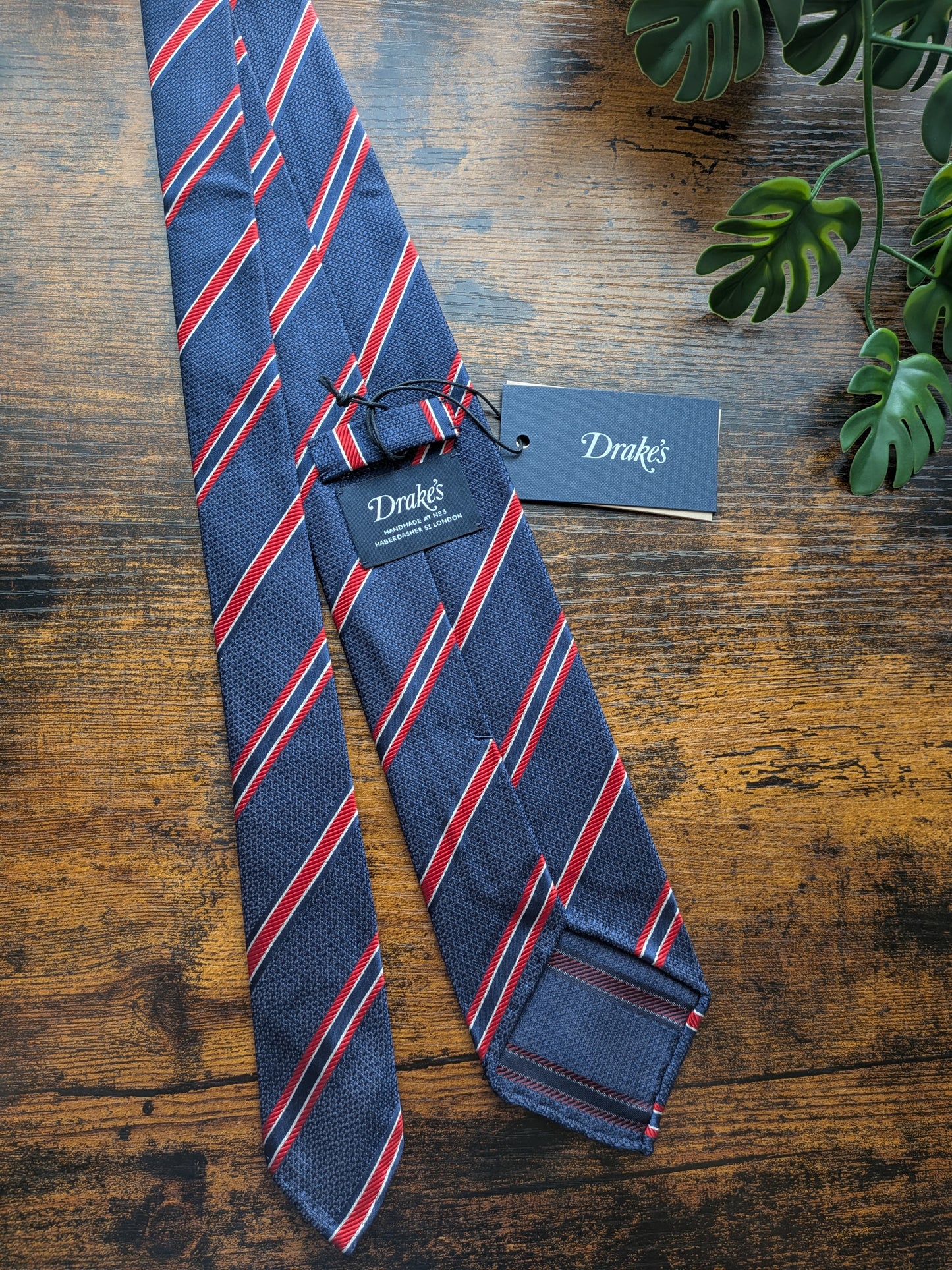 Drake's Navy, Red and White Striped Handmade Silk Tie With Tag