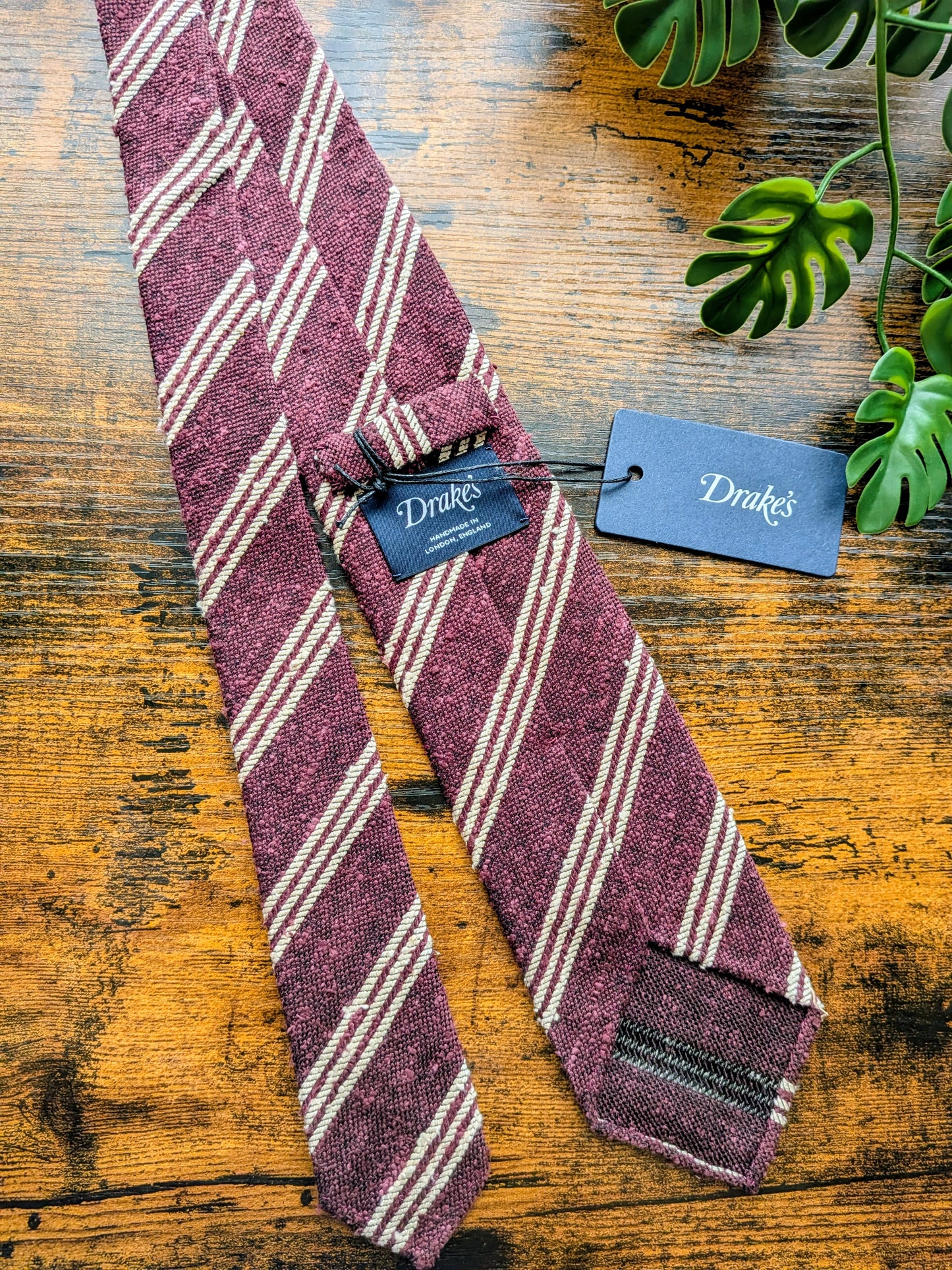 Drake's Burgundy and White Striped Handmade Tussah Silk Tie With Tag