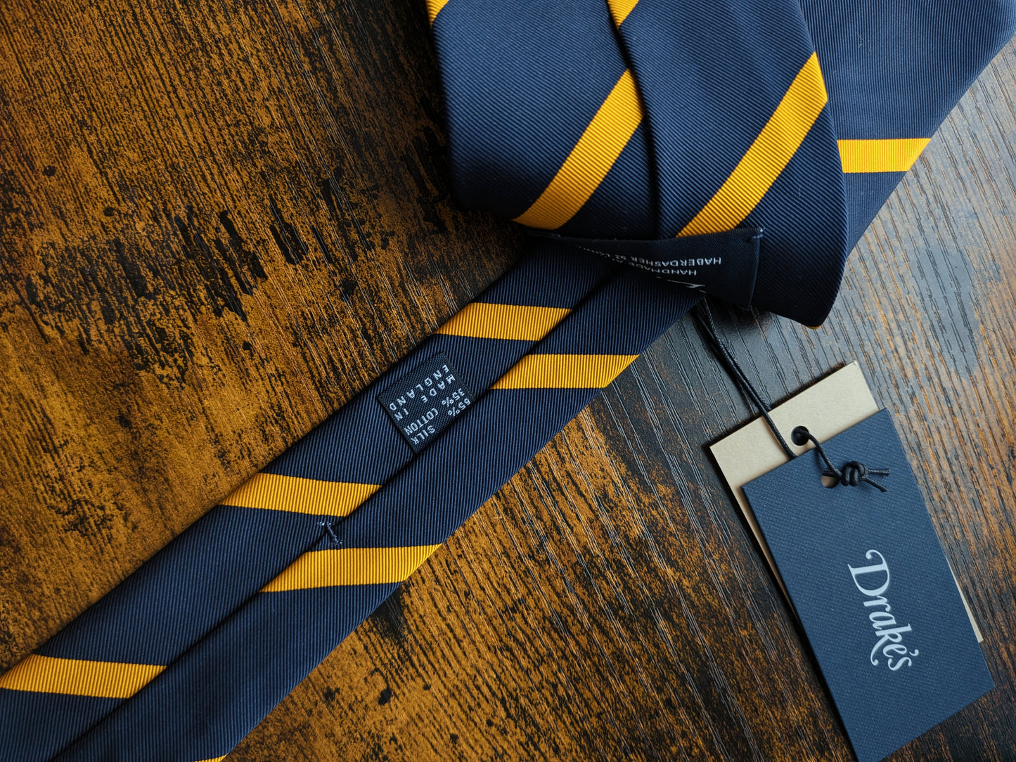 Drake's Navy and Yellow Striped Handmade Tussah Silk Tie With Tag