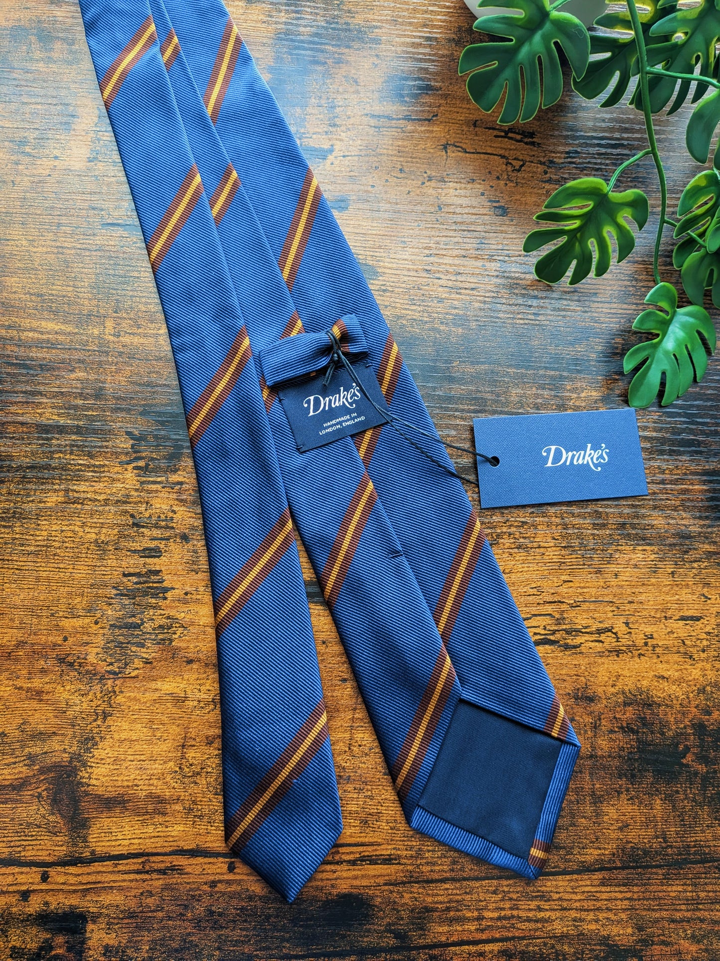 Drake's Blue, Brown and Yellow Striped Handmade Silk Tie With Tag