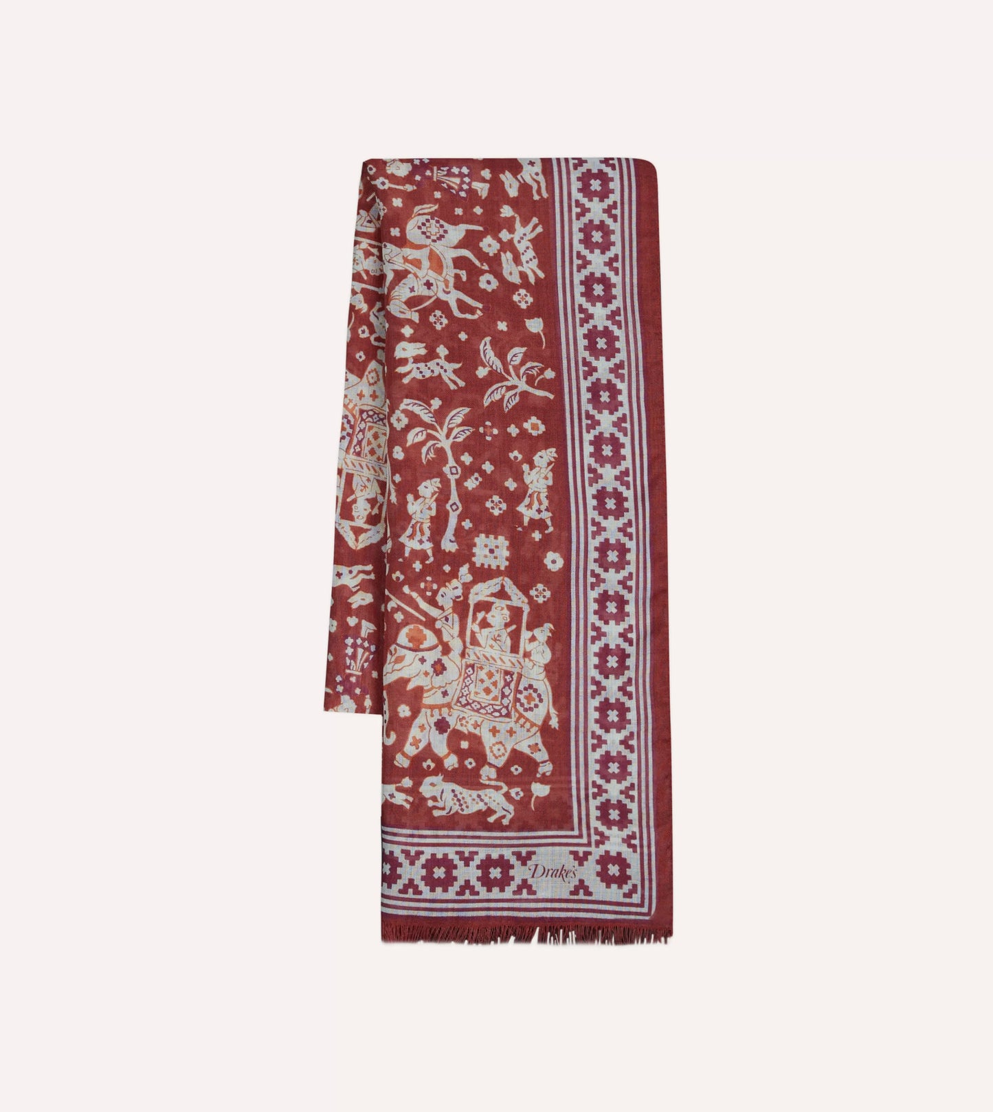 Drake's Burgundy Mughal Elephants Print Wool-Silk Scarf Limited Edition