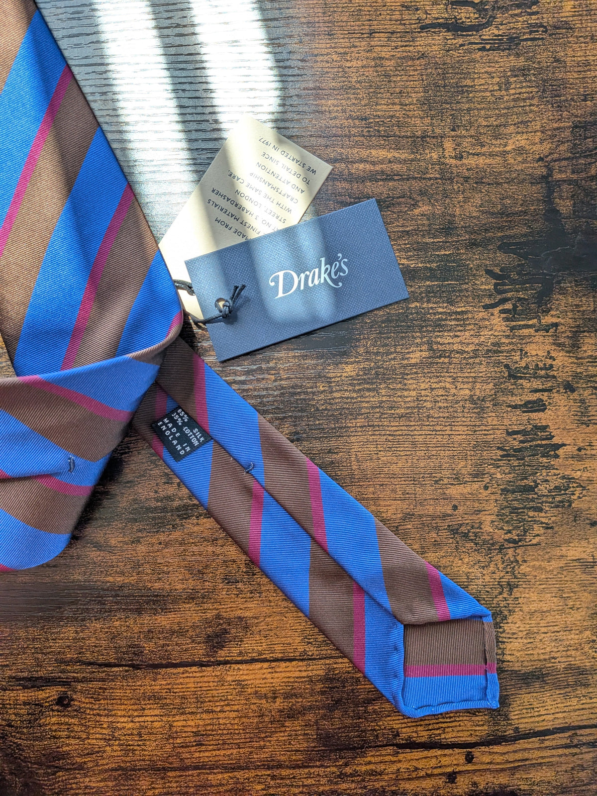 Drake's blue brown red block striped handmade silk tie detail view 3