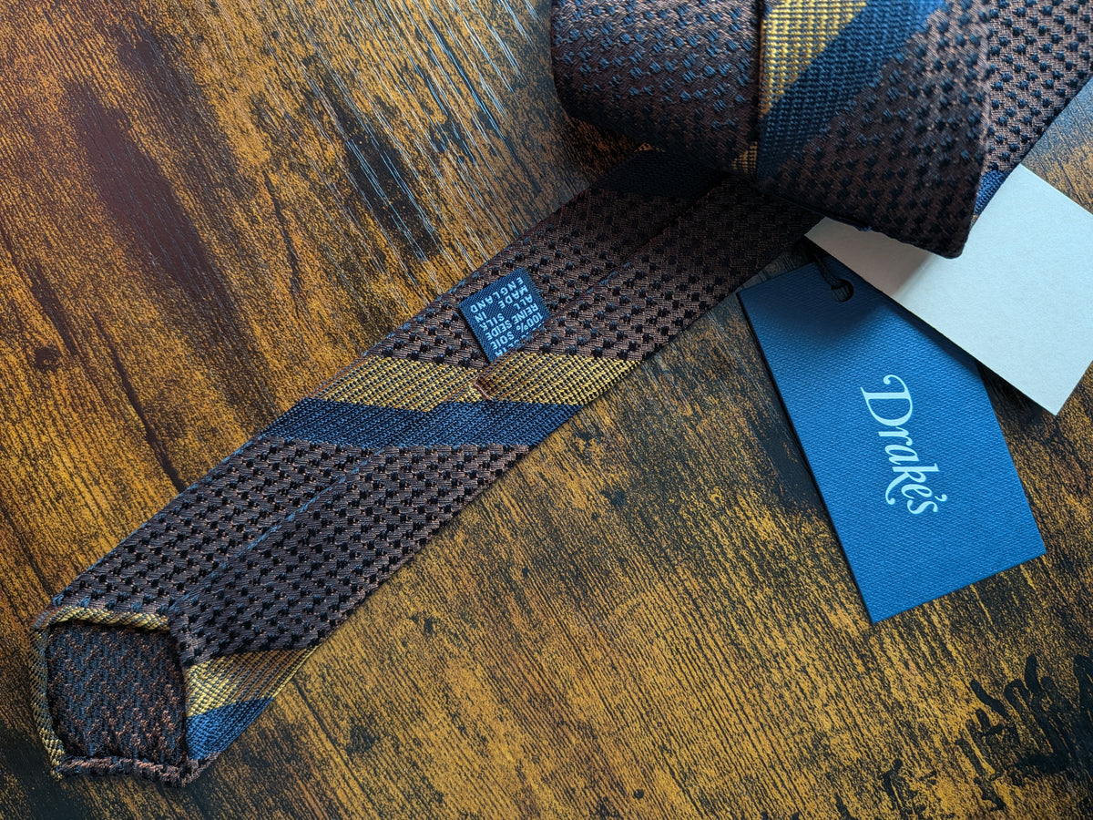 Drake's brown navy yellow handmade striped silk tie detail view 2