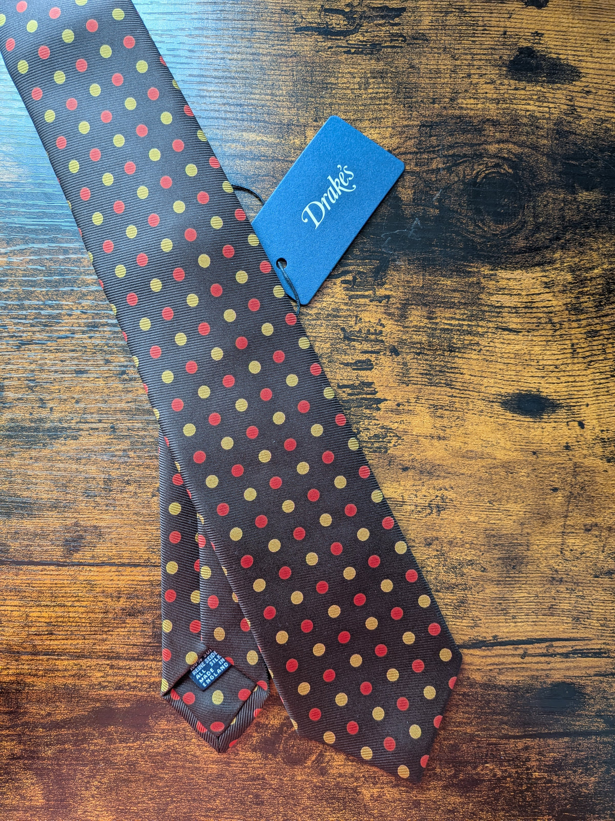 Drake's brown orange yellow handmade polka dot hand rolled silk tie product image