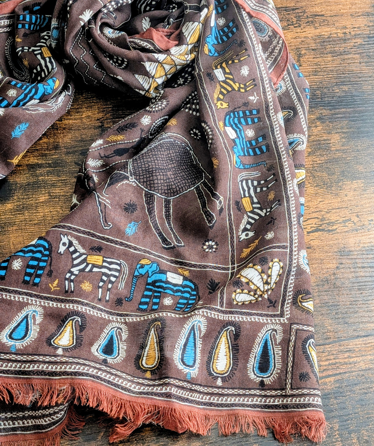 Drake's Brown Rustic Elephant Print Wool-Silk Scarf - image 5