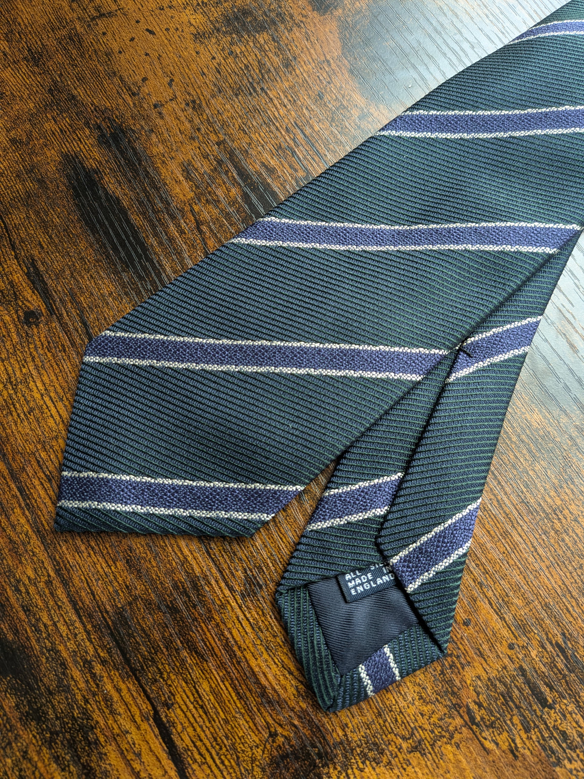 Drake's dark green royal blue striped handmade silk tie detail view 3