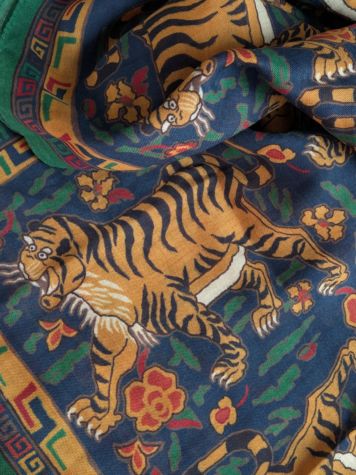Drake's green navy jumbo tiger print wool silk scarf detail view 3