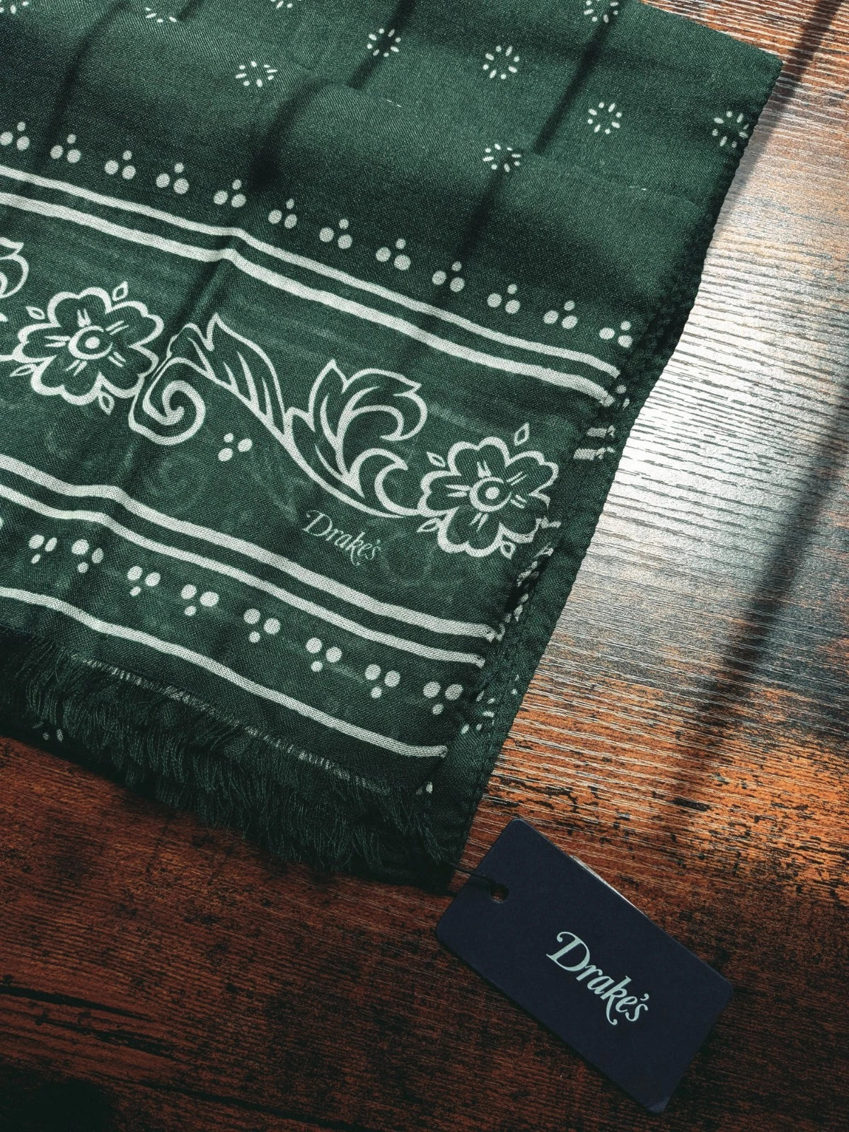 Drake's green summer print wool silk scarf detail view 5