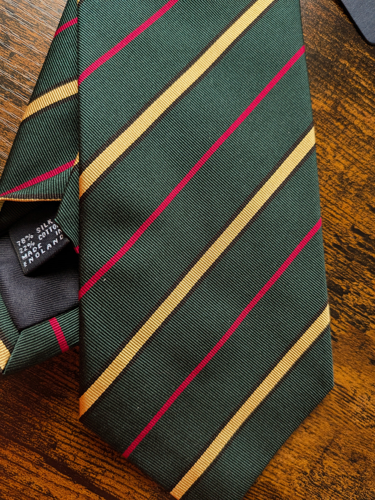 Drake's green yellow pink handmade striped silk cotton tie detail view 3