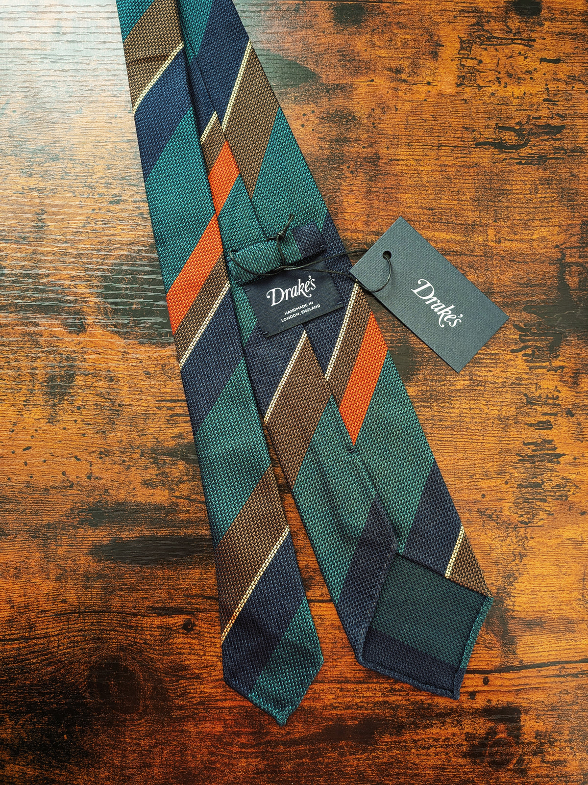 Drake's grenadine multicoloured handmade striped silk tie detail view 3