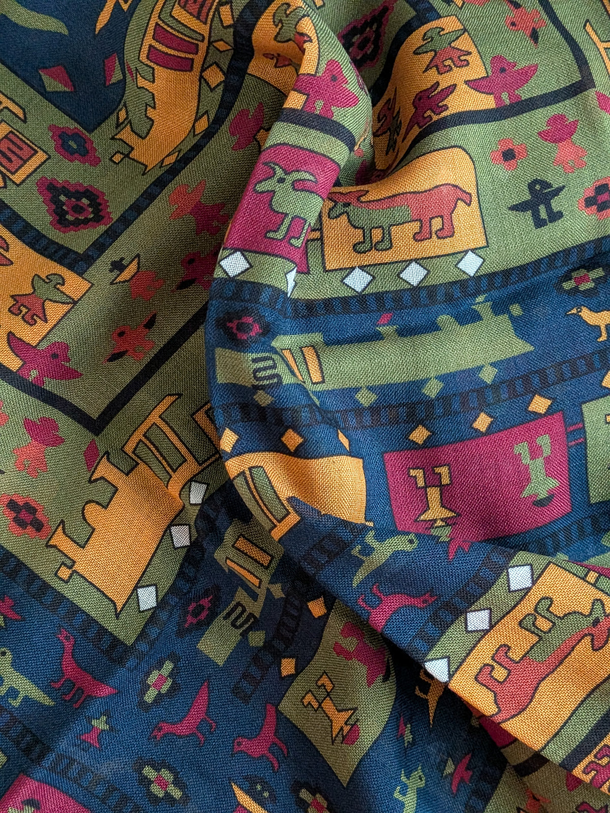Drake's navy and yellow navajo print wool silk scarf detail view 5