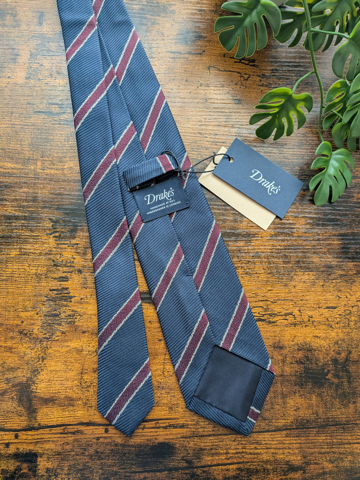 Drake's Navy, Burgundy and White Striped Handmade Silk Tie - image 3