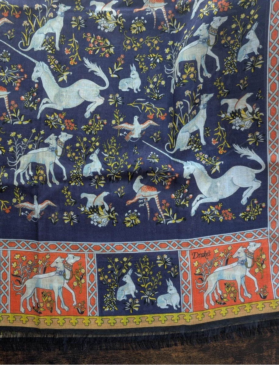Drake's navy orange unicorn animals print wool silk scarf detail view 5