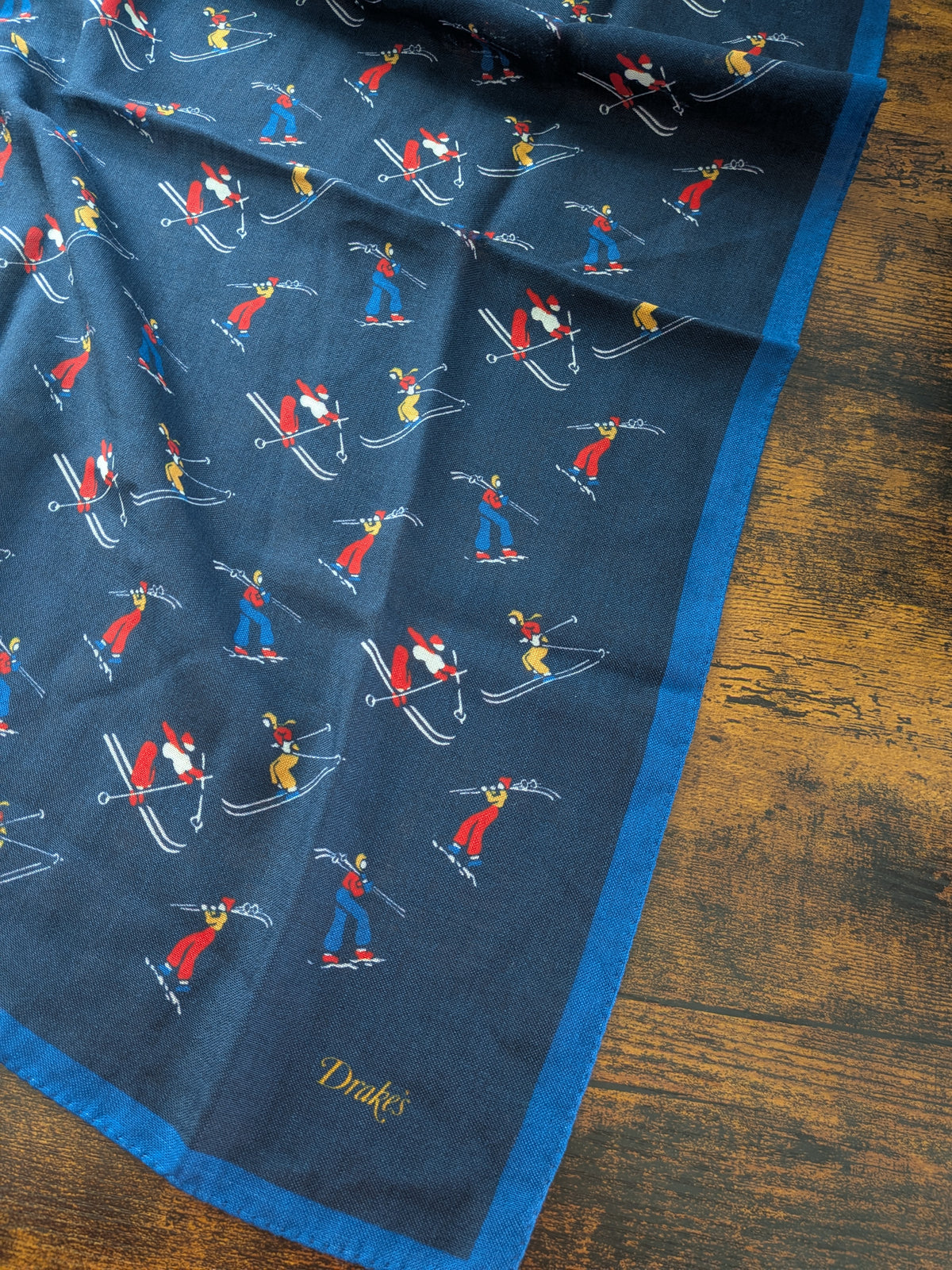 Drake's navy skiing print wool silk bandana detail view 7