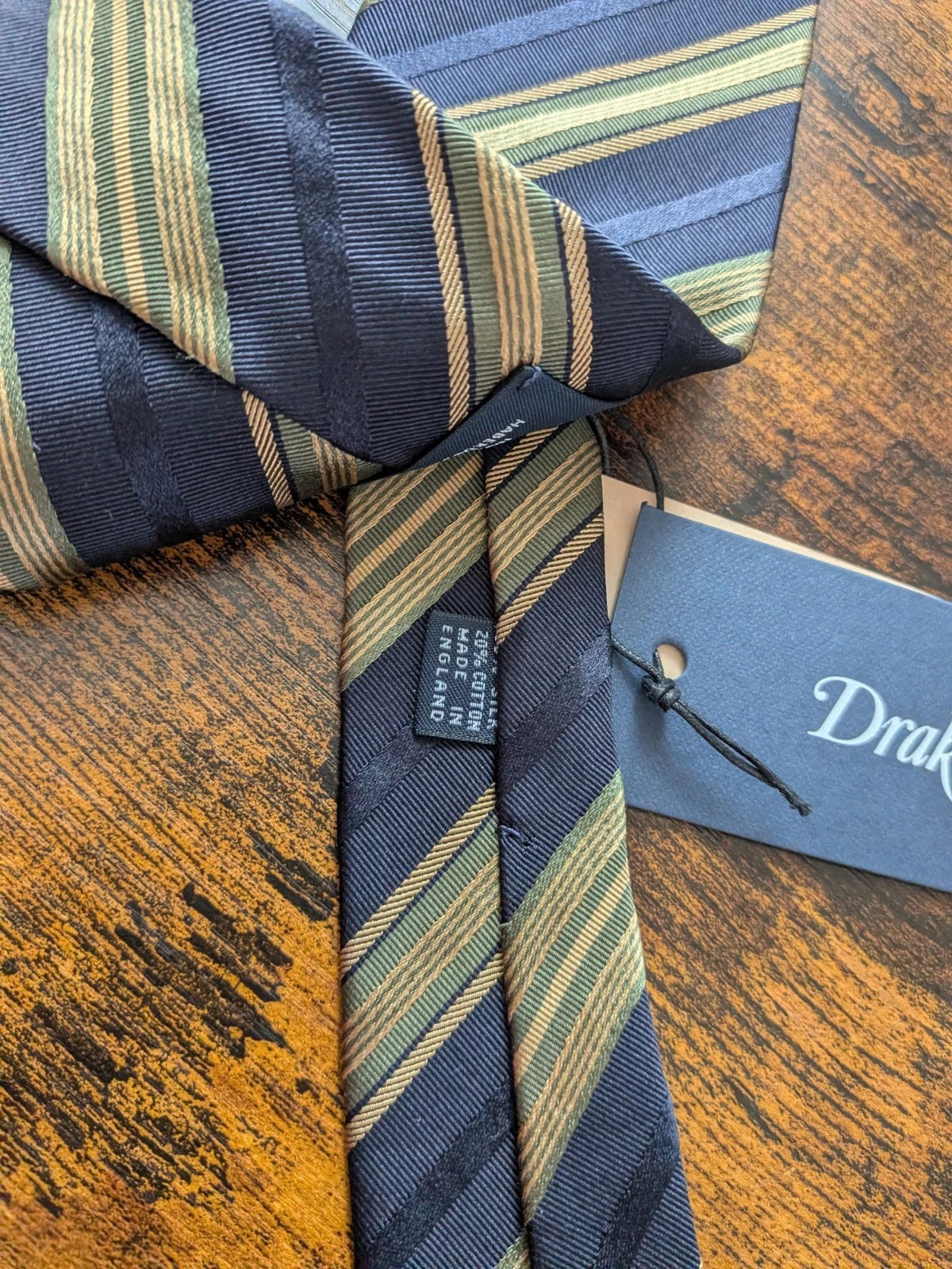 Drake's navy yellow green multicoloured striped handmade silk cotton tie detail view 3