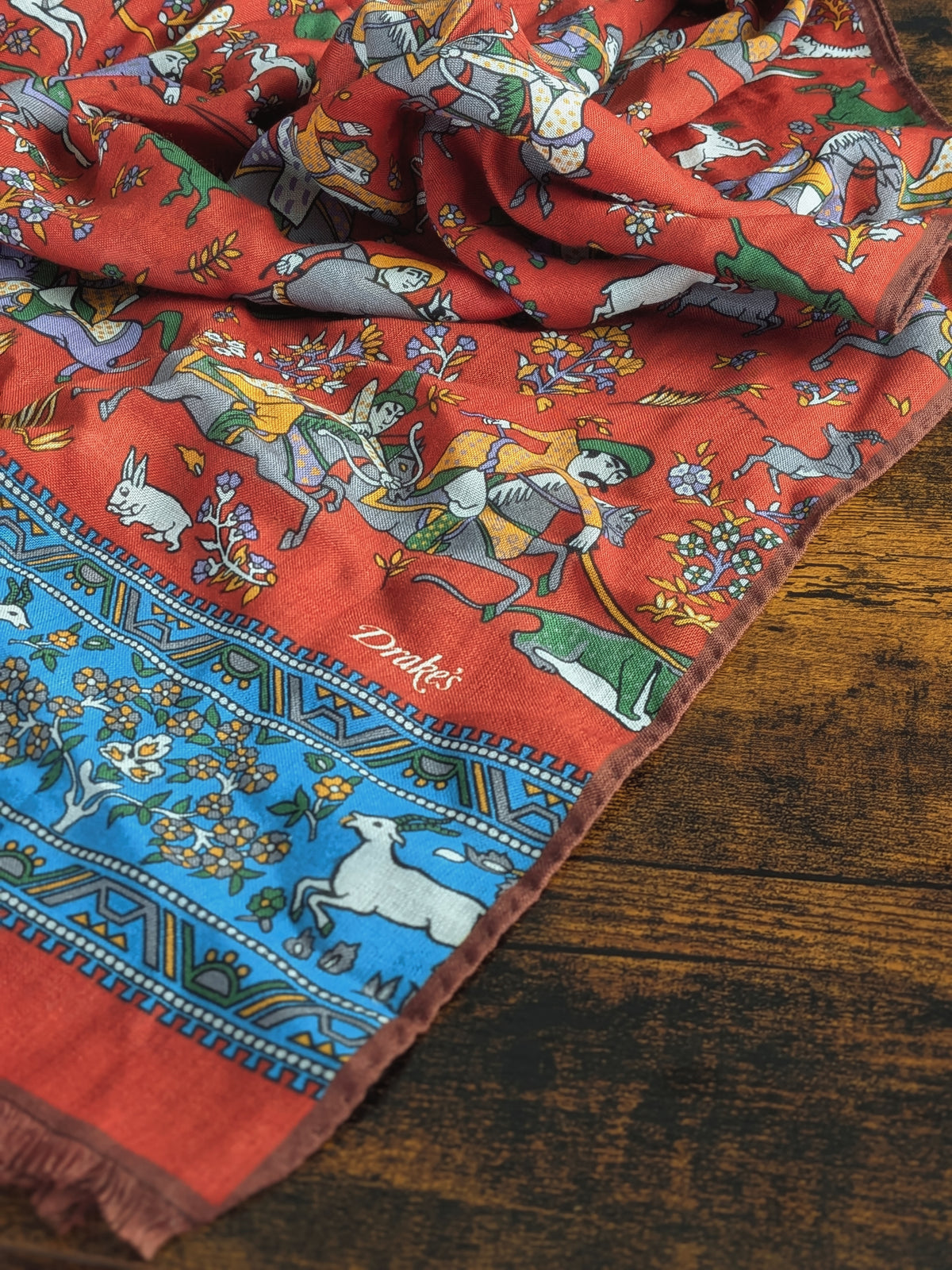 Drake's Orange Blue Mughal Fringed Printed Wool and Silk-Blend Scarf - image 7