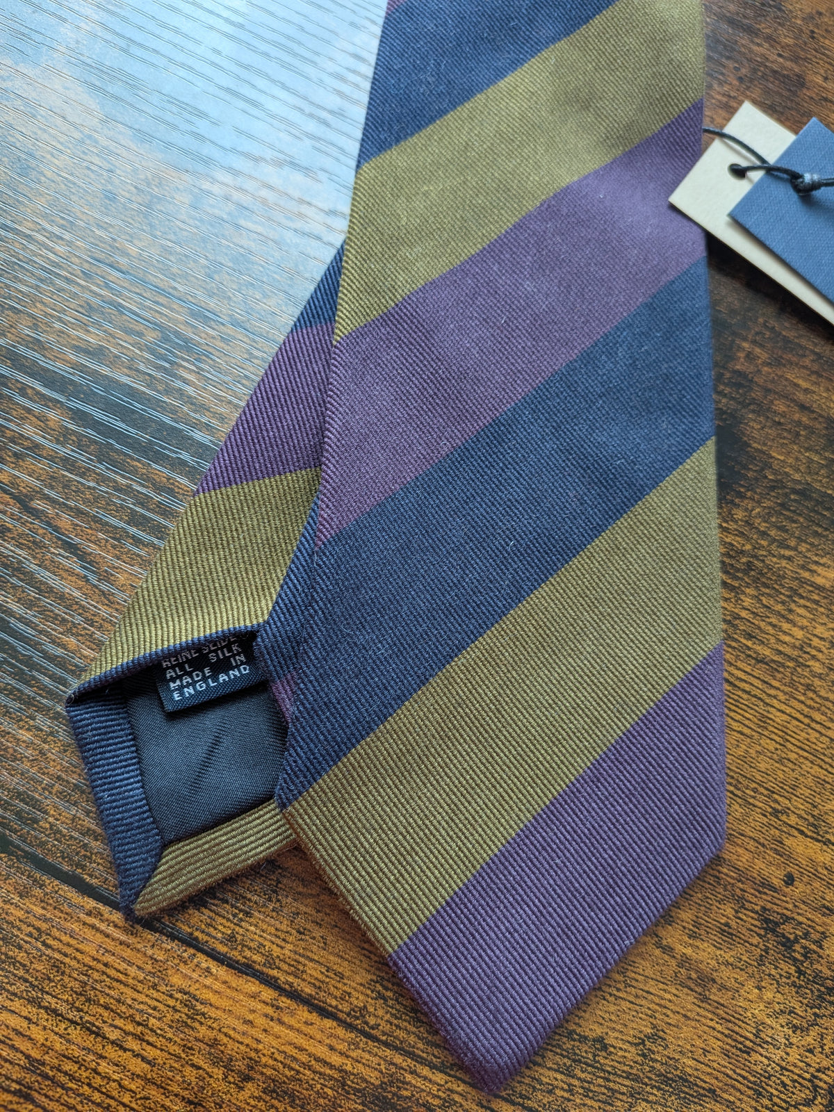 Drake's purple navy mastard handmade striped silk tie detail view 3