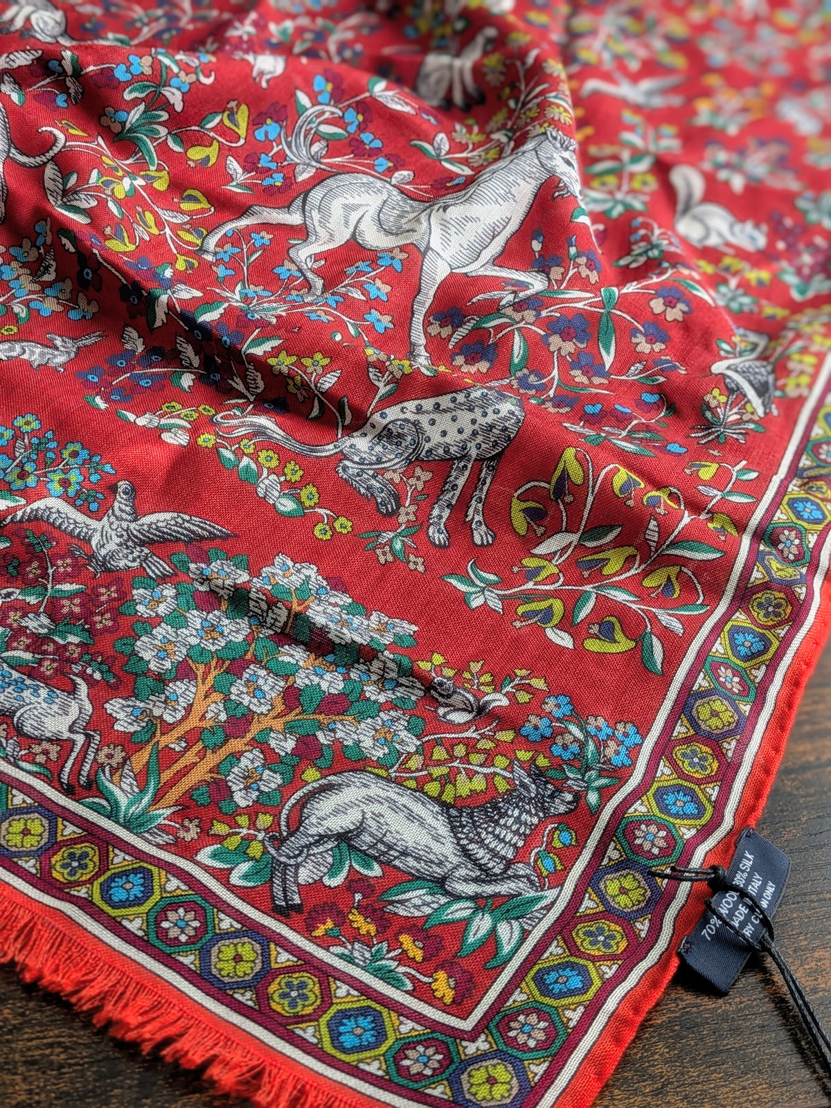 Drake's Red Forest Animals Flower Border Wool-Silk Scarf - image 6