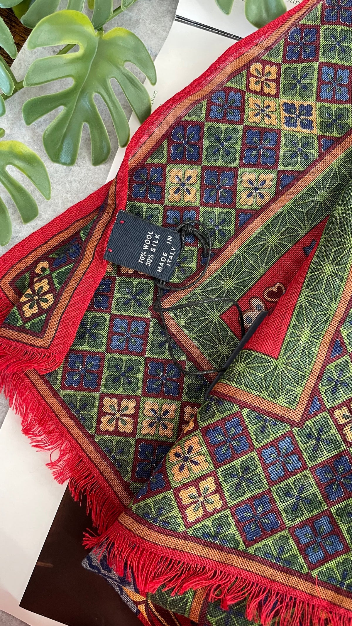 Drake's red green mythical animals print wool silk scarf detail view 5
