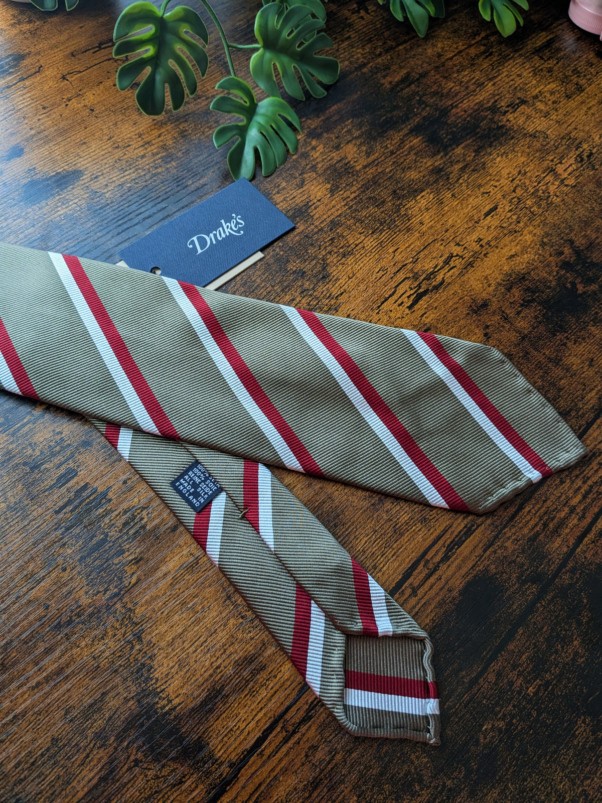 Drake's Sage, Burgundy and White Striped Handmade Silk Tie - image 3