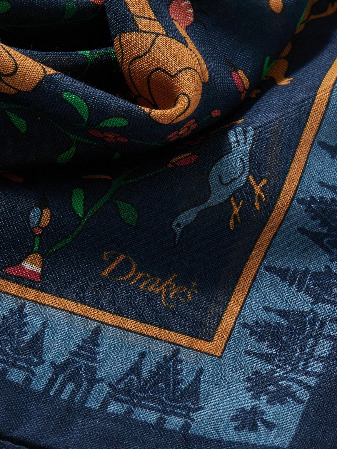 Drake's Navy Mythical Animals Print Wool-Silk Bandana