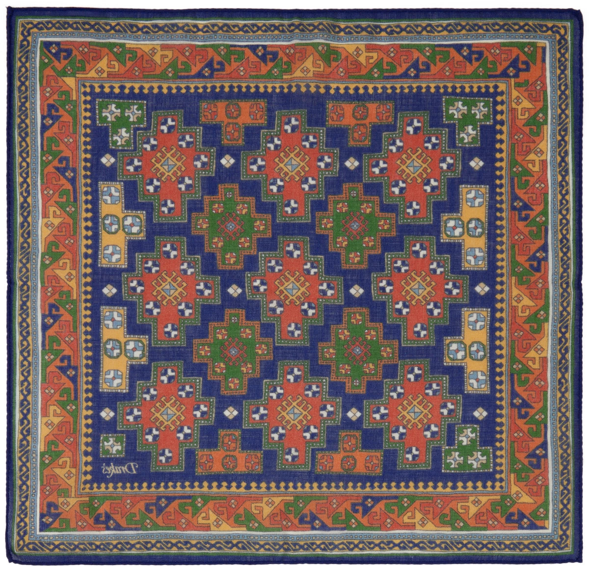 Drake's Navy Kilim Print Wool-Silk Pocket Square