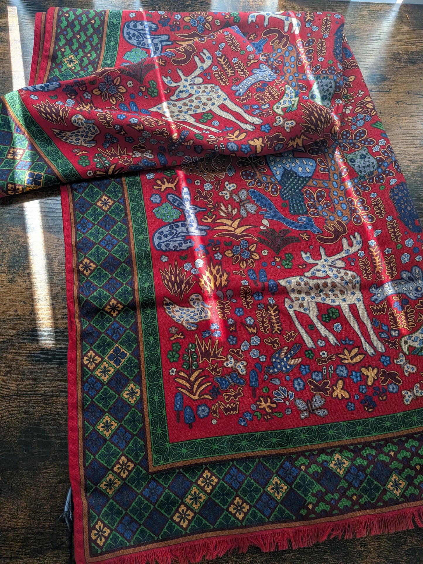 Drake's Red Green Mythical Animals Print Wool Silk Scarf Limited Edition