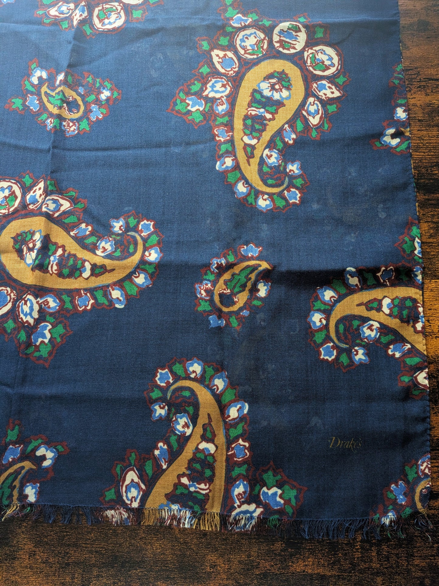 Drake's Navy Large Paisley Wool Silk Print Scarf