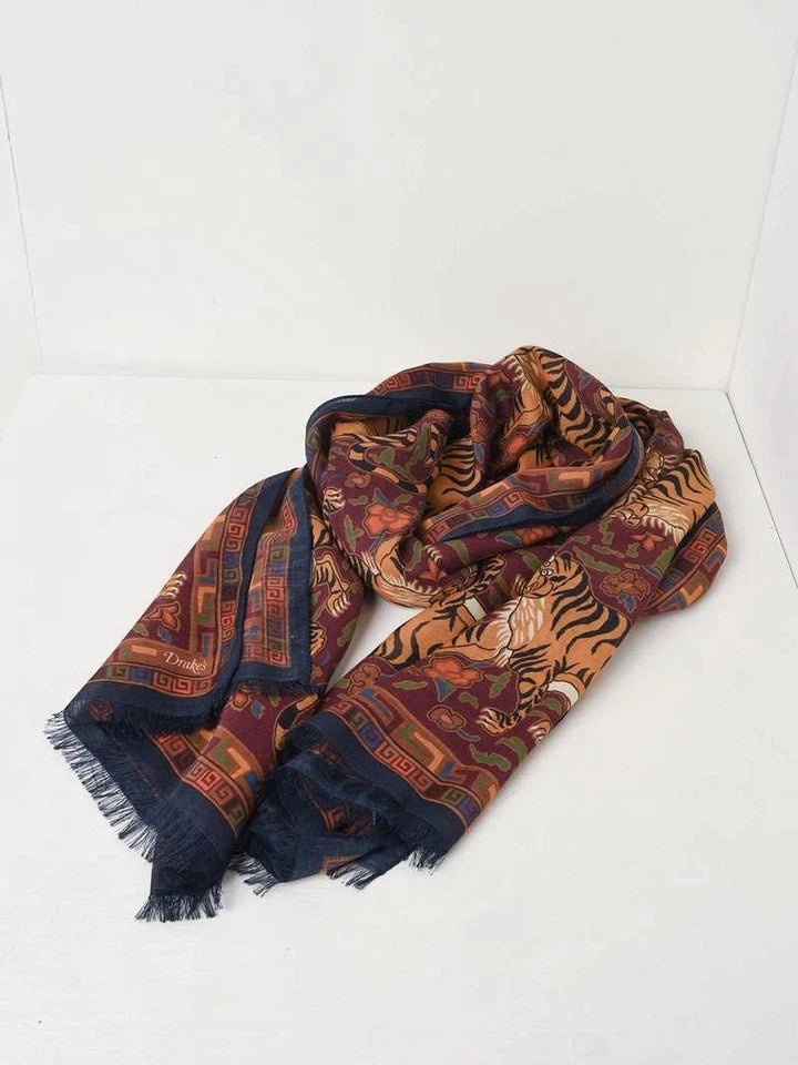 Drake's Navy Jumbo Tiger Print Wool-Silk Scarf