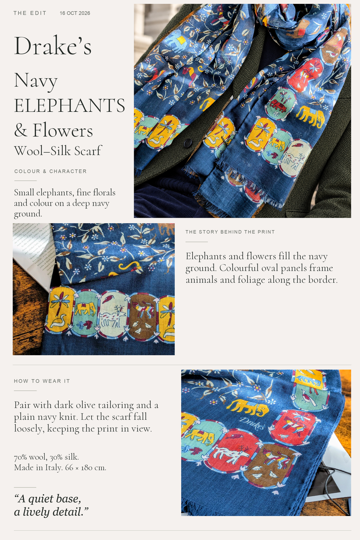 Drake’s navy Elephants and Flowers wool-silk scarf worn with dark olive tailoring, with two real product photos showing the floral print, colourful border and Drake’s mark.
