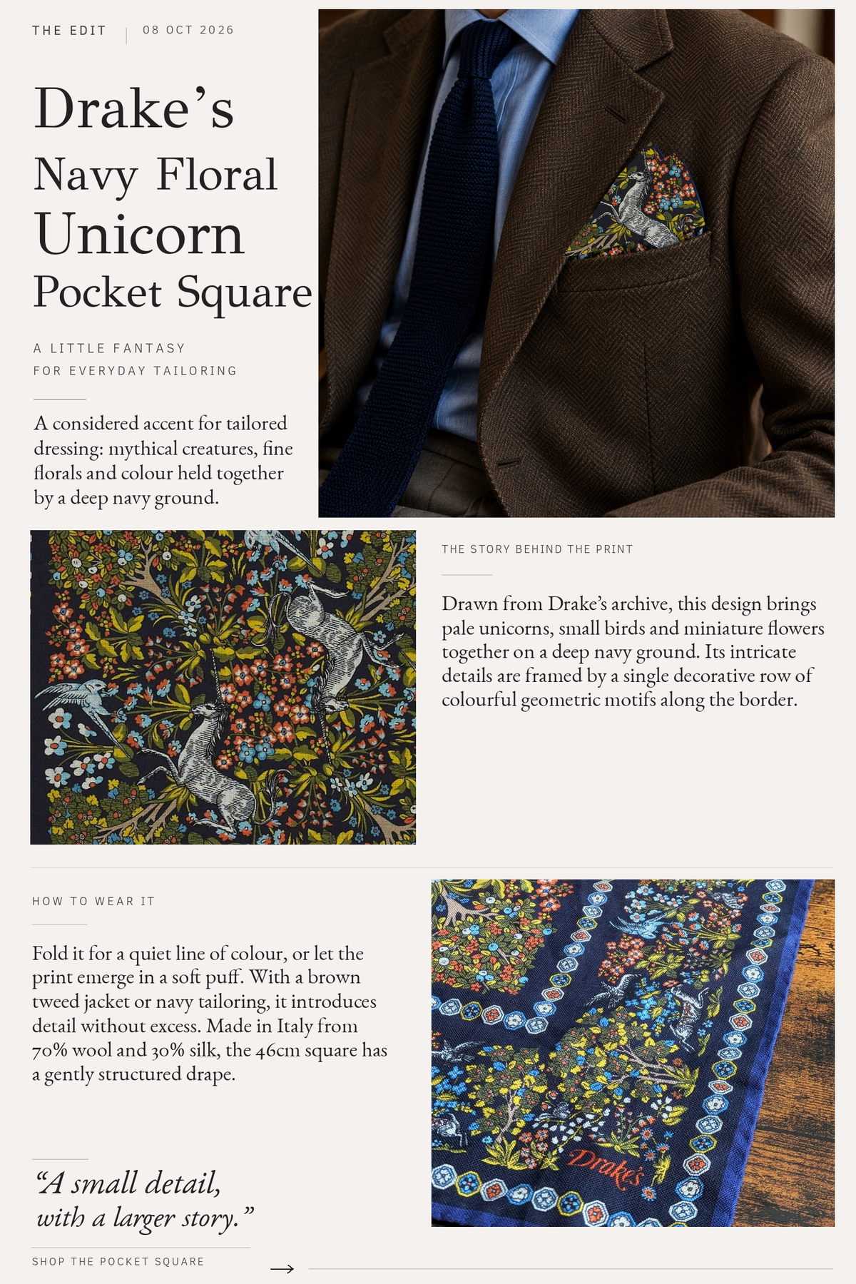 The Edit — Drake’s Navy Floral Unicorn Pocket Square, 8 October 2026, three-image editorial cover