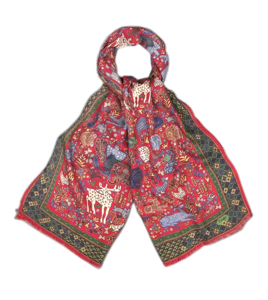 Drake's Red Green Mythical Animals Print Wool Silk Scarf Limited Edition