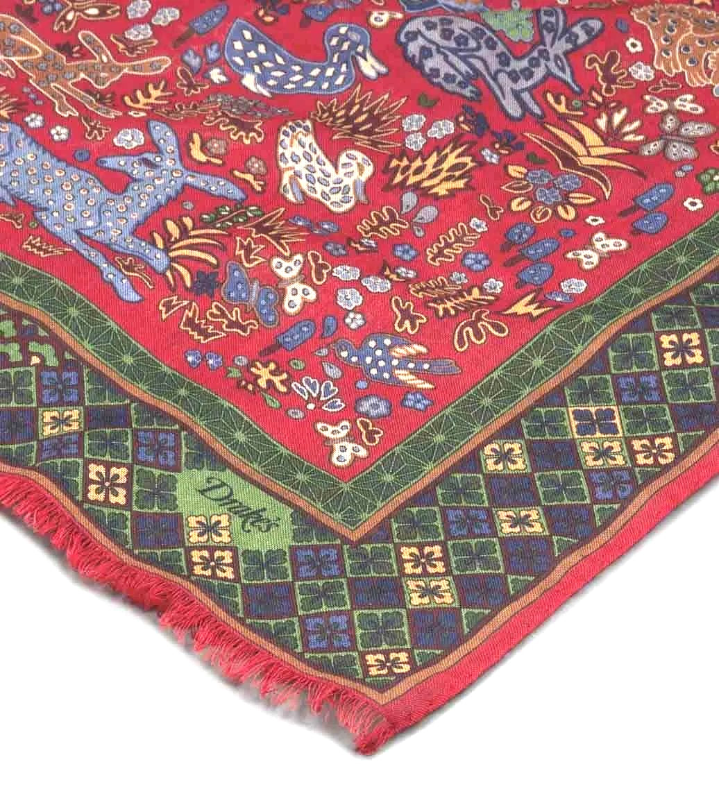 Drake's Red Green Mythical Animals Print Wool Silk Scarf Limited Edition