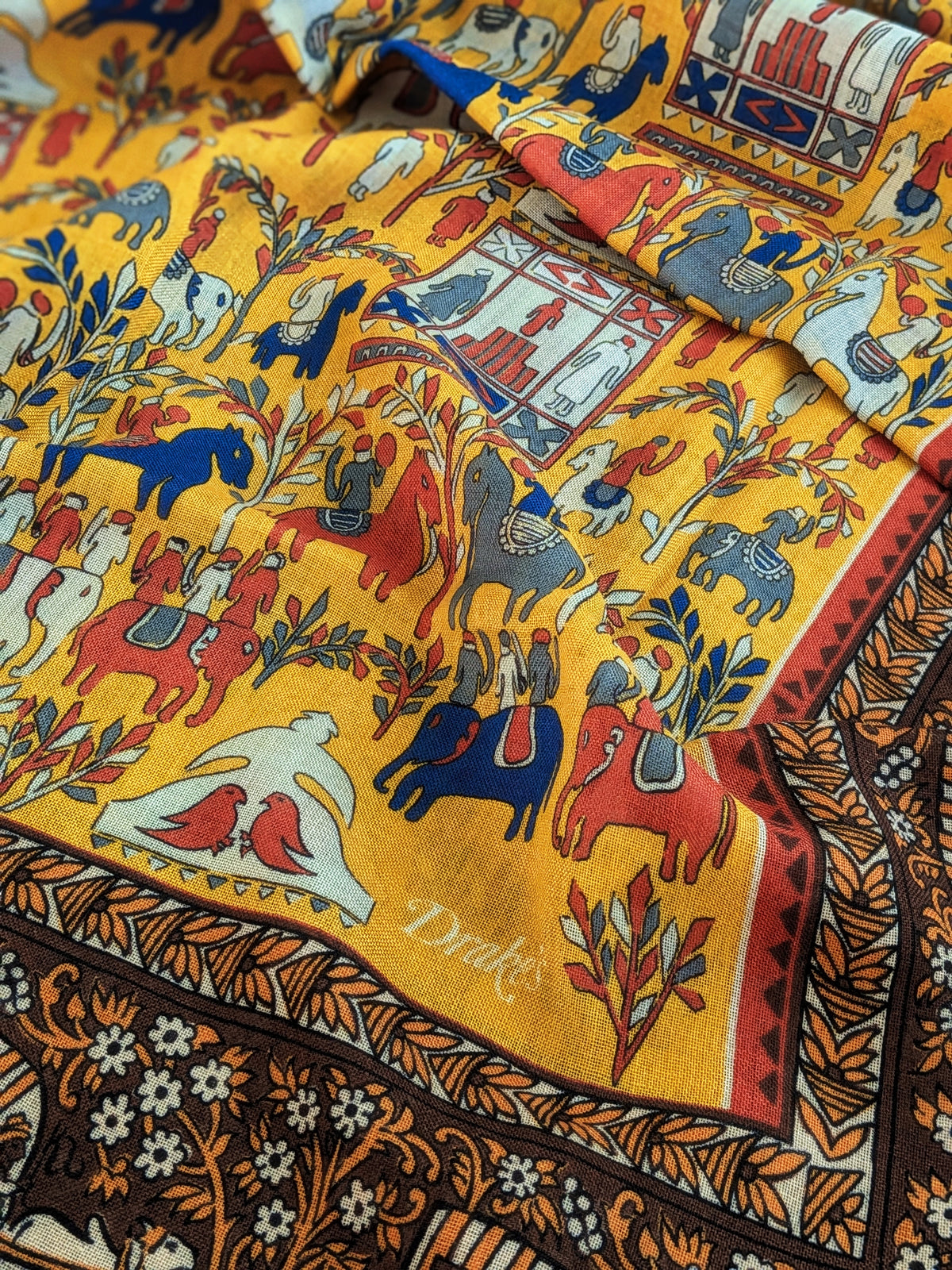 Gold Elephant Village Print Wool-Silk Scarf